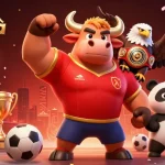 Bet on xem bóng đá with vibrant sports-themed illustration showcasing a bull mascot, eagle, and panda.