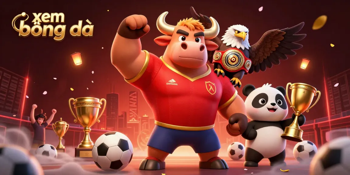 Bet on xem bóng đá with vibrant sports-themed illustration showcasing a bull mascot, eagle, and panda.