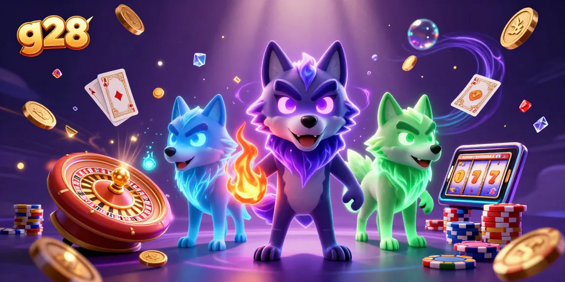 Spin the g28 roulette wheel with glowing wolves and cascading coins in this dynamic casino scene.