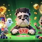 X88 com shows a lively casino scene with a Frankenstein bulldog dealing cards, surrounded by jackpot elements, evoking excitement in gaming.