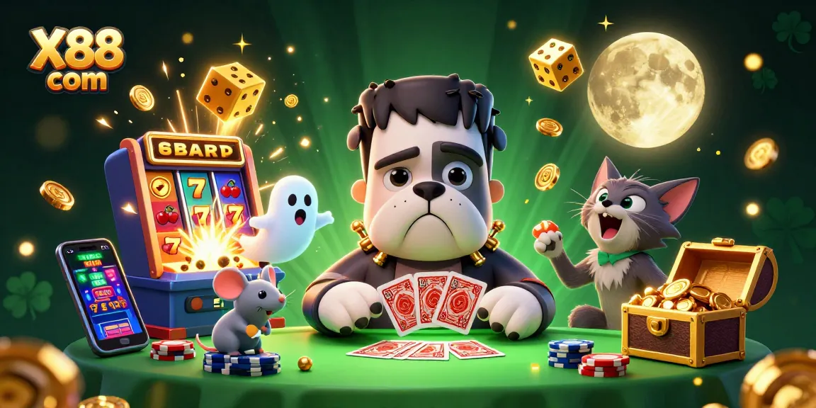 X88 com shows a lively casino scene with a Frankenstein bulldog dealing cards, surrounded by jackpot elements, evoking excitement in gaming.