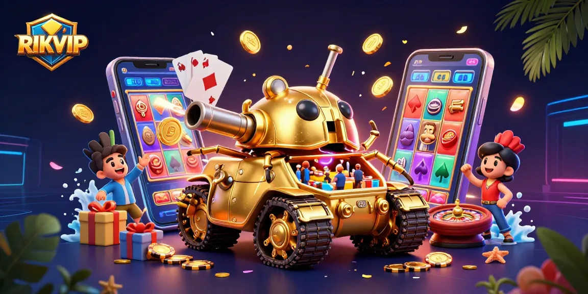 Engage in thrilling slots at RIKVIP, featuring a virtual casino inside a golden beetle tank.