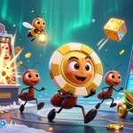 Engage in thrilling gameplay at credit card casinos with brcs iconic ants heisting golden chips amidst a vibrant animated casino.