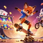 Experience GA6789 with a fox and rabbit in a vibrant 3D cockfighting scene full of golden poker chips.
