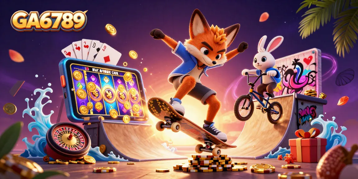 Experience GA6789 with a fox and rabbit in a vibrant 3D cockfighting scene full of golden poker chips.
