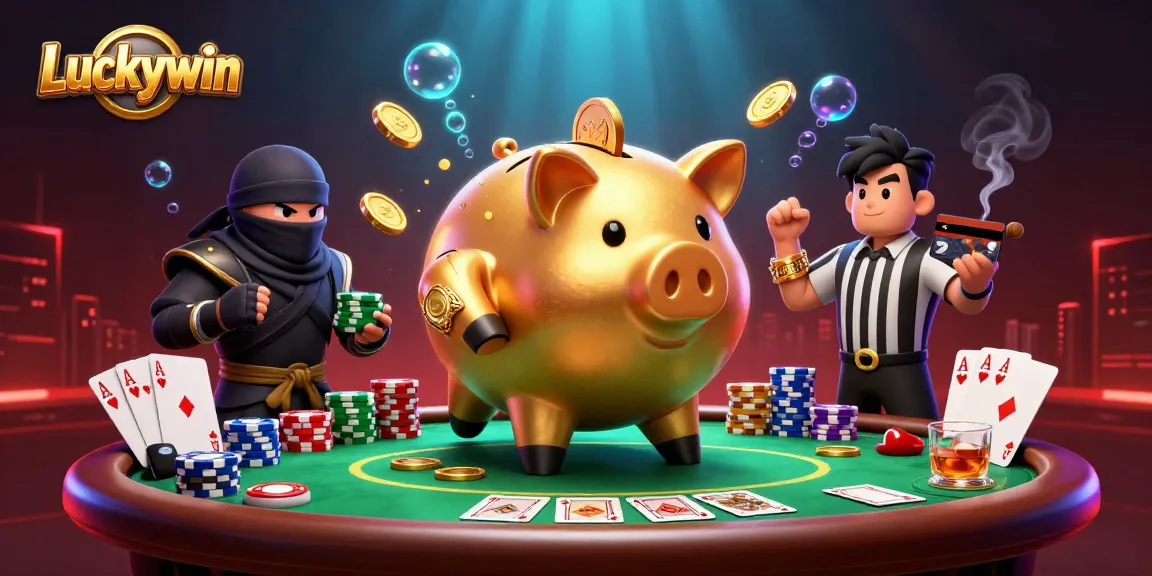 Luckywin offers a thrilling casino experience with dynamic characters at a poker table exhibiting energetic action and vibrant elements.