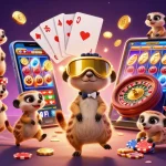 Enjoy the excitement of u9win bet with meerkats in a vibrant casino illustration.