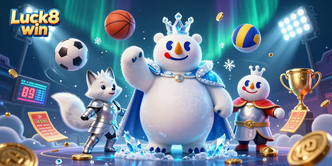 Win big with Luck8 win in this dynamic gambling scene featuring sports elements and vibrant visuals.