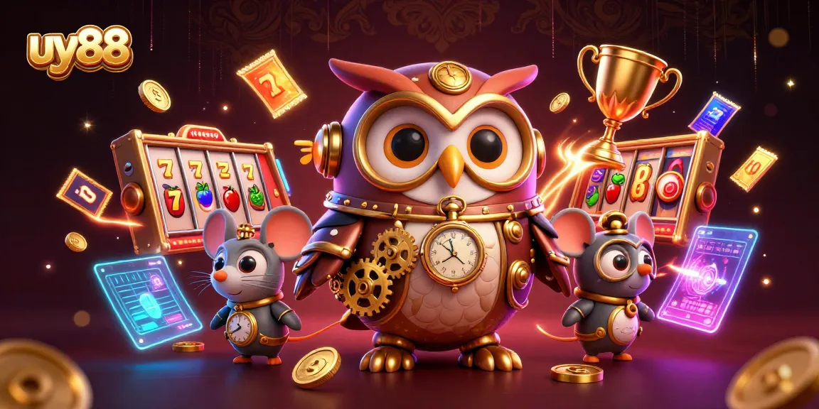 Experience the excitement of uy88 slots with a dynamic 3D illustration featuring unique characters and casino elements.