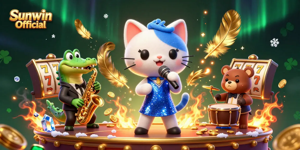 Engage with Sunwin Official in a vibrant casino scene featuring a jazz-singer cat, saxophone crocodile, and drum bear.