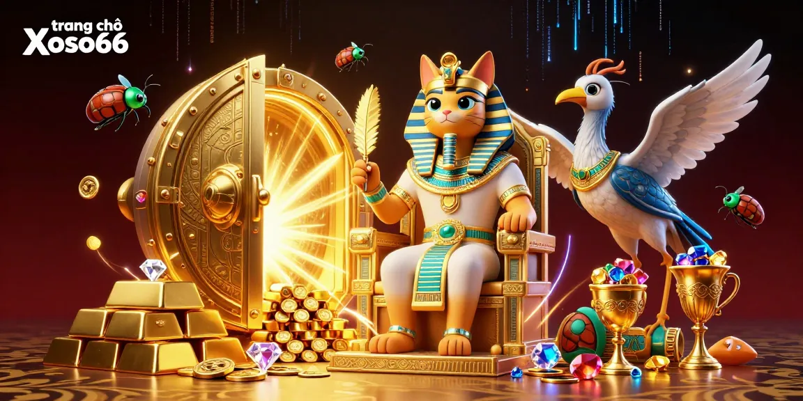 Engage with trang chủ Xoso66 featuring a vibrant 3D scene of a pharaoh cat and treasures, exciting gamblers with rich visuals.