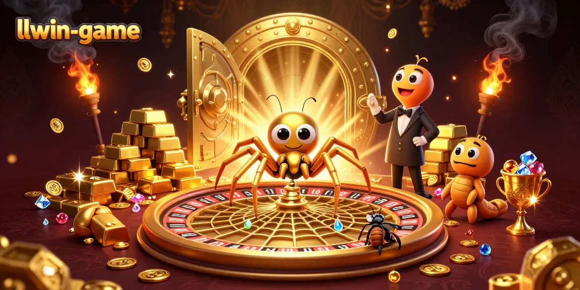Experience thrilling gameplay in the vibrant llwin-game casino with a golden roulette web and rich treasures.