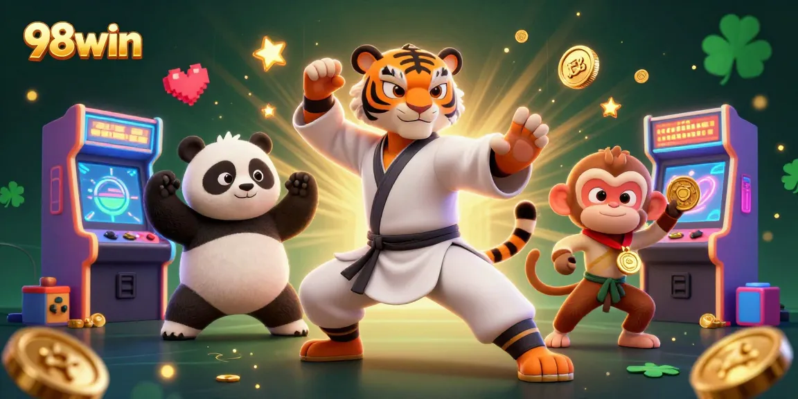 Spin and win at 98win with animated characters in a vibrant casino-themed illustration!