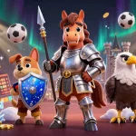 Engage with thrilling action at 0kubet, featuring a knight and puppy in dynamic casino-themed illustration.