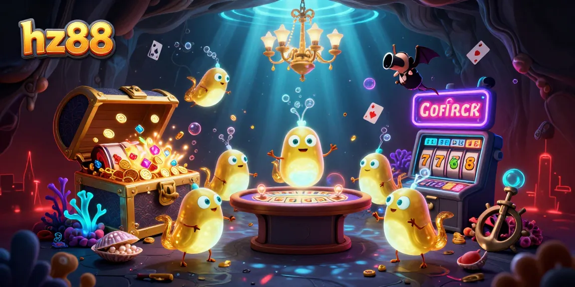 Experience the vibrant casino scene of hz88, illuminated by glowworms and packed with gaming excitement.