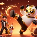 topnhacaiuytin showcases a lively scene with a wrestling panda and animated characters celebrating a casino win.