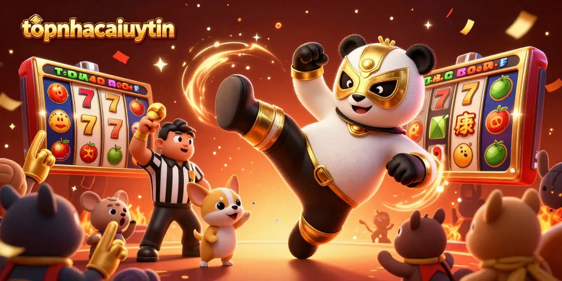 topnhacaiuytin showcases a lively scene with a wrestling panda and animated characters celebrating a casino win.
