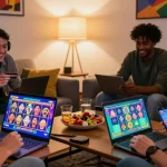 Exciting group enjoying credit card casinos UK experience with gaming laptops and snacks in cozy living room.