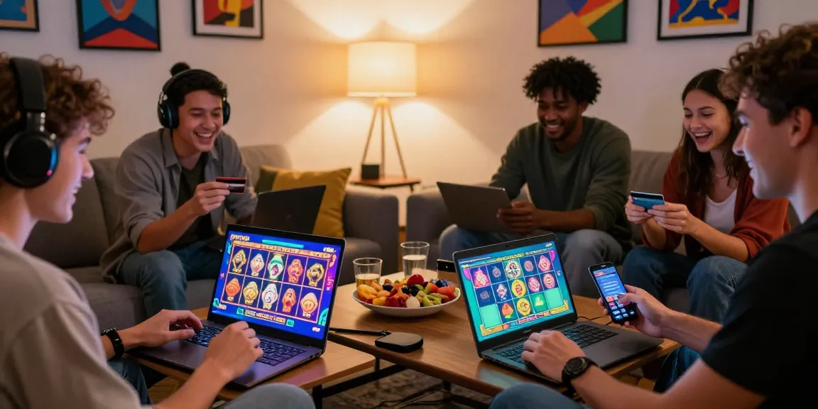 Exciting group enjoying credit card casinos UK experience with gaming laptops and snacks in cozy living room.