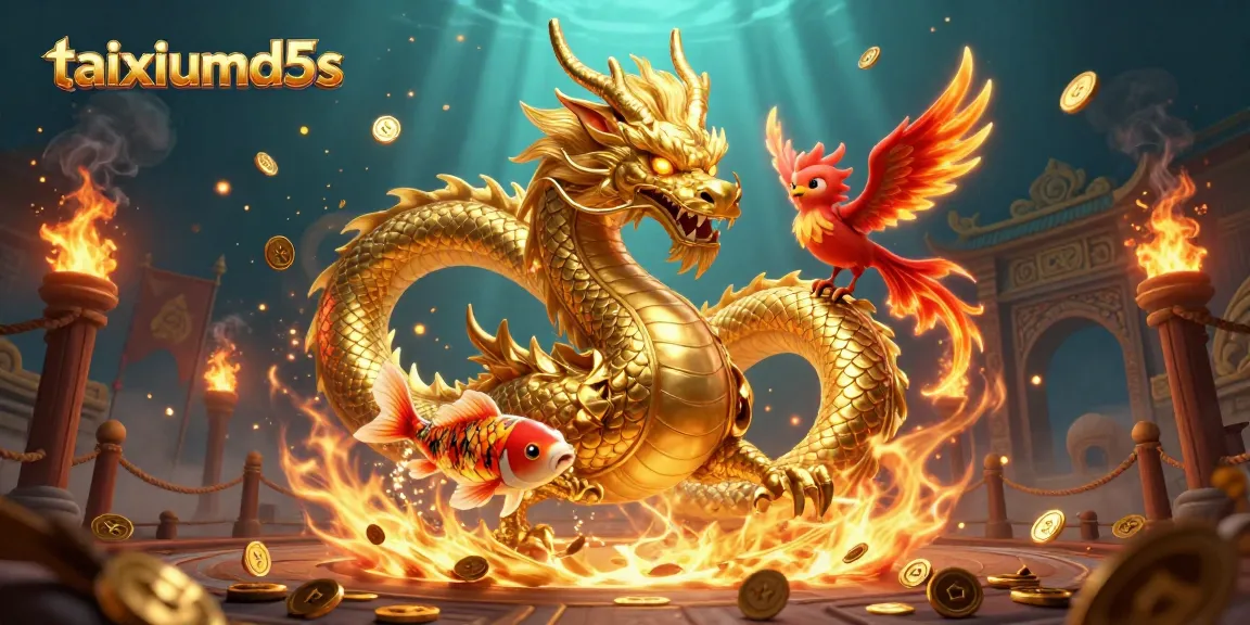 Engage with taixiumd5s as the dragon soars through a gaming arena filled with golden coins.
