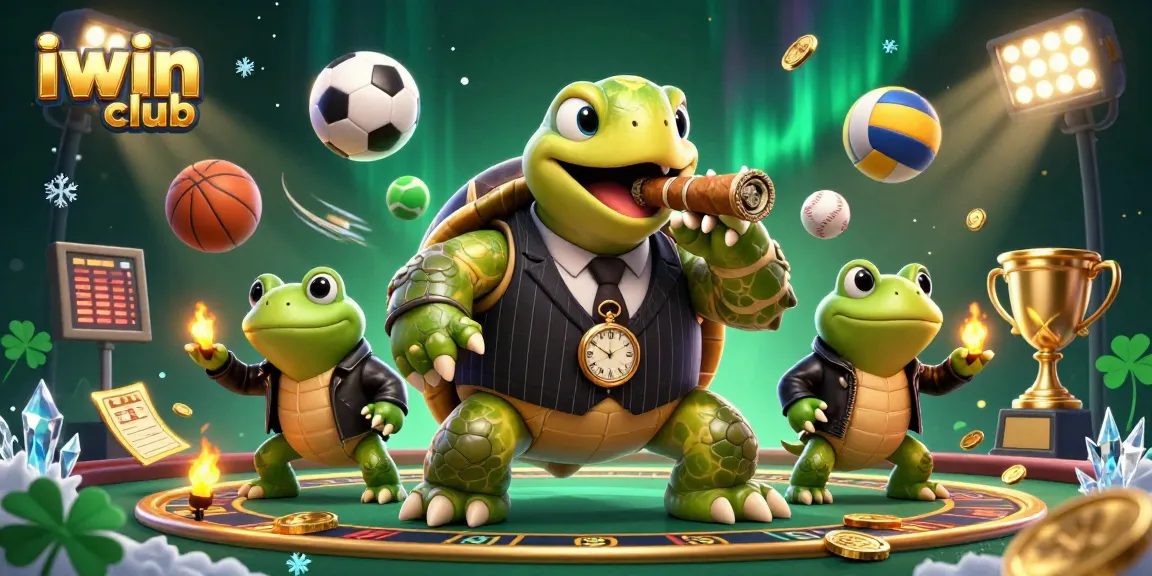 Join the iwin club with a dynamic scene featuring a mobster turtle, bullfrog enforcers, and sports elements.