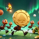 Experience the thrill of keonhacai betting with a wild ant heist scene featuring a golden poker chip and lively sports elements.