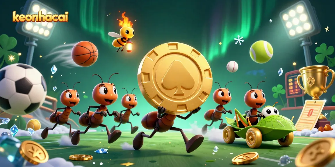 Experience the thrill of keonhacai betting with a wild ant heist scene featuring a golden poker chip and lively sports elements.