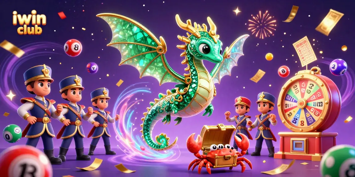 The dynamic iwin club illustration showcases a 3D sea dragon and lottery elements in a vibrant celebration.