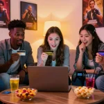 Friends enjoying a gaming night exploring credit card casinos in a cozy living room.