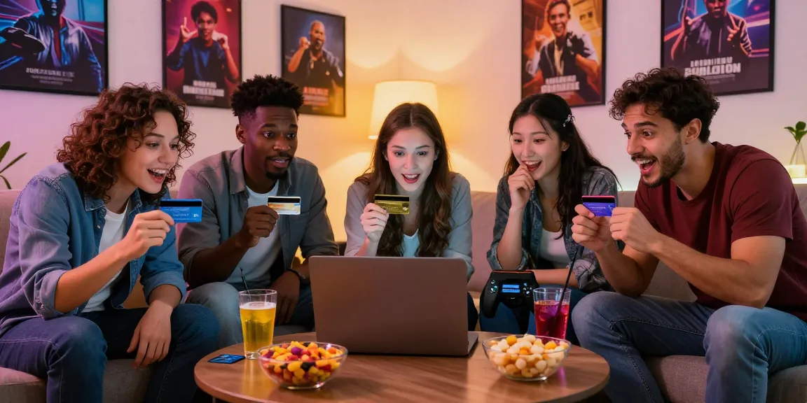 Friends enjoying a gaming night exploring credit card casinos in a cozy living room.