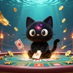 Engage with luck8z in this vibrant casino scene featuring a black hole cat amidst swirling elements and cosmic energy.