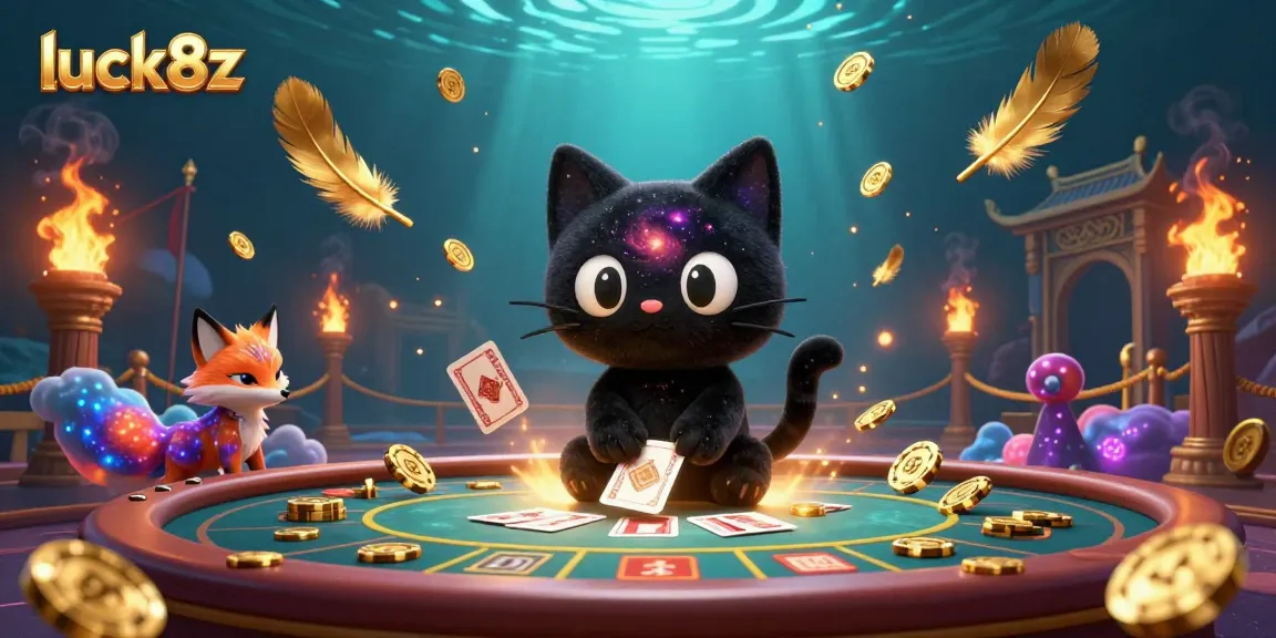Engage with luck8z in this vibrant casino scene featuring a black hole cat amidst swirling elements and cosmic energy.