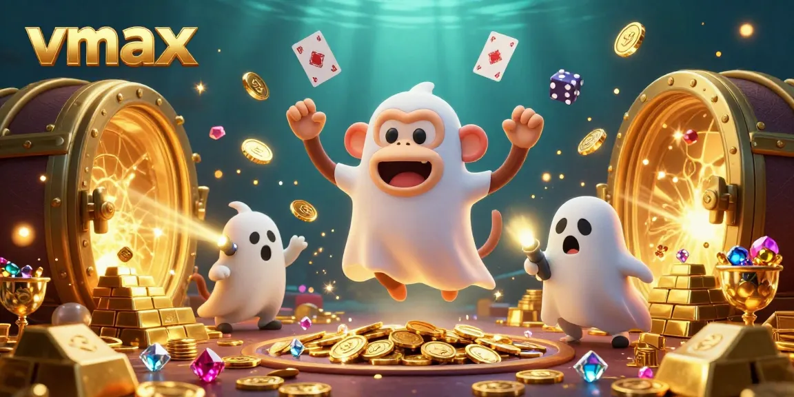 Engage with vmax at a haunted casino, featuring a poltergeist monkey juggling gold, while a curious puppy tracks it.